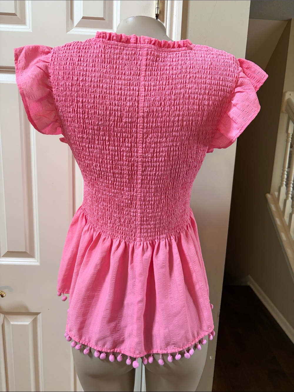 THML Pink Smocked Peplum Tunic with Pom-Pom Trim, large - Picture 5 of 7